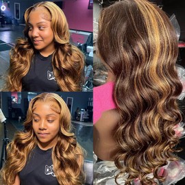 DUAUJUIU Lace Front Wig Highlight Ombre 13 x 4 HD Transparent P4/27 Coloured Honey Blonde Lace Front Wig for Women Body Wave 200% Real Human Hair Wig Glueless Pre Plucked with Baby Hair 22 Inches (55 cm)