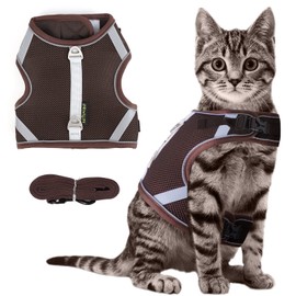PATTEPOINT Escape Proof Mesh Cat Harness and Leash Set, Adjustable Walking Jacket Vest for Extra Kittens, Easy Control Reflective Cat Vest Harnesses for Small Medium Pets Outdoor (S Coffee)