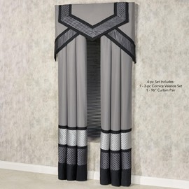 Omega Contemporary Luxury Window Treatment | Sophisticated | Silver, Gray, Charcoal, Black | Pleated | Silky Polyester Satin | 4 Piece Set: 96L Curtain Panel Drapery Pair and Cornice Valance Set