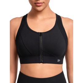 Yvette High Impact Zip Front Sports Bras for Women Plus Size Racerback Bra for Workout, Black, XL+