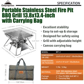 CAMPINGMOON Stainless Steel Foldable Camping Grills Portable Wood Burning Charcoal Grill 14-inch with Carrying Bag MT-2
