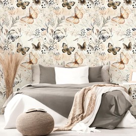 VEELIKE Butterfly Wallpaper Peel and Stick Vintage Floral Wallpaper for Bedroom Bathroom Walls 17.7''x118'' Removable Self Adhesive Boho Wildflower Wall Paper Floral Contact Paper for Cabinets Drawers