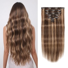 VKHAIR Clip in Hair Extensions Real Human Hair 14 inch, 7Pcs/70g Human Hair Clip in Extensions, Seamless Clip in Hair Extensions Human Hair #4/27 Medium Brown/Dark Blonde, 14 Inch