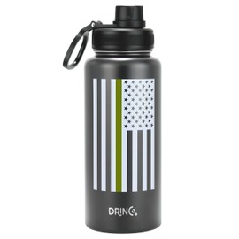 DRINCO Stainless Steel Water Bottle Spout Lid Vacuum Insulated Double Wall Water Bottle USA Flag Military Veteran (32oz Thin Green Black, 32oz)