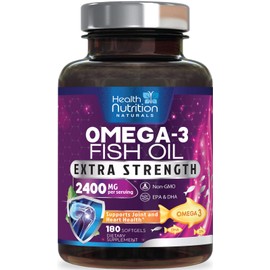 Omega 3 Fish Oil 2400 mg - Triple Strength Omega3, EPA & DHA Fatty Acids Supplement - Natural Support for Immune, Heart & Brain Health - Wild Caught, Non-GMO, Lemon Flavor, Burpless - 180 Softgels