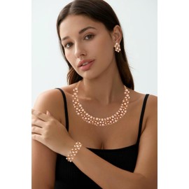 rneyflow 3PCS Wedding Bridal Artificial Pearl Crystal Necklace Drop Earring Bracelet Brides Party Costume Jewelry Set for Women (Real Champagne-Gold Plating)