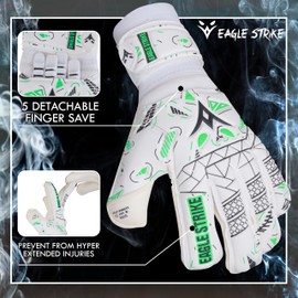 EAGLE STRIKE Soccer Goalie Gloves - Fingers Protection, Sizes 5 to 11, 4mm German Giga Latex Pro-Level Gloves (White, Black & Green, 7)