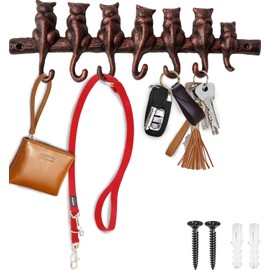 Comfify 7 Cats Wall Hook Rack – Decorative Vintage Design with 7 Hooks – Cast Iron – Wall Mounted – 12"x4" – Copper & Black