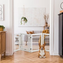 PETSITE Indoor Dog Gate with Walk Through Door, 30 x 80 inch Freestanding 4-Panel White Wooden Pet Gate, Foldable Indoor Dog Puppy Fence for Doorway Stairs Yard