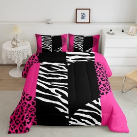 Pink Leopard Comforter Set Twin Size Girls Cute Zebra Heart Bedding Set 2pcs Geometric Patchwork Stripes Quilted Duvet for Women Teens Room Decor Romantic Wild Animals Fur Bedspread,1 Pillowcase