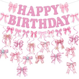 19pcs HotPink Bowknot Happy Birthday Decorations,Hotpink Bow Bunting Garland Party Birthday Banner Coquette Hanging Swirls Decorations for Girls Baby Shower Wedding Bowknot Party Supplies