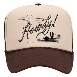 Howdy! Rope Trucker Hat | Vintage Cowboy Cowgirl Western Summer Tequila Country | Premium Foam Snapback Hat for Men & Women (US, Alpha, One Size, Brown/Tan)