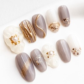 Sun&Beam Nails Handmade Nail Tip, Medium, Short, Oval Nuance, Gold, Brown, Popular, 3D, Fashionable, Cute Design, False Nails, Includes Storage Box, Pack of 10 (#14 Pearl, Rose Gray, M)