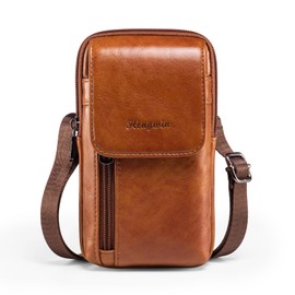 Hengwin Men's Genuine Leather Cell Phone Belt Bag, Multifunctional Phone Holster Waist Pouch with Belt Clip Belt Loop Shoulder Strap, Mini Crossbody Phone Purse for Travel, Outdoor, Daily Use (Brown)
