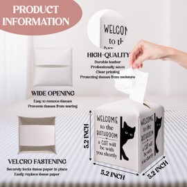 Black Cat Tissue Box Cover, Welcome to The Bathroom, Square Decorative Tissue Box Holder with Bottom Belt, Cat Lover Gifts for Women Men, Leather Toilet Paper Cover for Tabletop Bathroom-A02