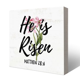 HONLUNG Easter-Decor-Wooden-Box-Sign,Christian Wood Box Signs for Kitchen Shelf Table Office Farmhouse Dining Room,He is Risen Gifts, 5x5 Inch