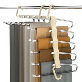 Pants Hangers Space Saving - 2 Pack for Closet Organizer, Anti-Slip, Stainless Steel Pants Rack Closet Organizers and Storage, Jeans Hanger, Beige