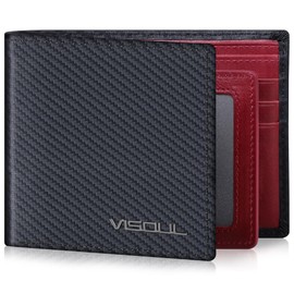 VISOUL Wallet for Men with 2 ID Windows 8 Credit Card Slots 2 Cash Compartments, Carbon Fiber Leather Bifold Mens Wallet with RFID Blocking (Carbon Fiber Black+Burgundy)