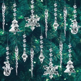 MELLIEX Pack of 15 Acrylic Christmas Tree Pendants, Snowflakes Icicle Christmas Tree Decorations, Transparent Crystal Christmas Tree Decorations with Line for Christmas Tree Party