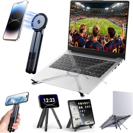 Soporte para Laptop 4 en 1 de Aluminio Ajustable y Plegable, Base Ergonómica para Computadora Portátil, Soporte Magnético para Celular y Tablet, Diseño Multiángulo para Escritorio