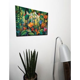 The Plum Penguin Cubist Rainforest Wall Art - Dual A4 Wooden Panels, Vibrant Abstract MDF Decor Canvas Alternative 40 x 30cm