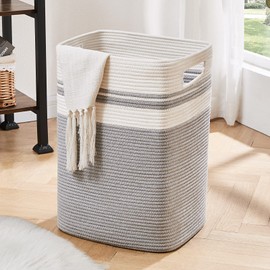 OIAHOMY Laundry Hamper, Tall Cotton Decorative Blanket Storage Basket with Handles for Living room,Collapsible Large Baskets for Toys,Pillows,Clothes Organizer-16x13x22in-Gray