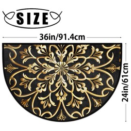 Half Round Door Mat Golden Mandala Ethnic Non Slip Absorbent Semi Circle Area Rugs Washable Half Moon Floor Mats for Indoor Outdoor Patio Kitchen Bathroom Entryway Fireplace Home Carpet Decor