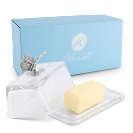 Arthur Court Glass Butter Dish with Lid Butterfly Knob | Classic 2-Piece Design Covered Butter Keeper | Covers and Holds a Standard Stick of Butter | Farmhouse Spring Décor