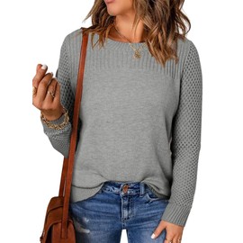 Aleumdr Womens Solid Jumpers Crewneck Long Sleeve Knitted Crochet Sweater Lightweight Loose Ladies Pullover Autumn Winter Knit Top for Women Grey Size 10 12 Medium