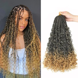 9 Pack Boho Box Braids Crochet Hair - 18 Inch Pre-looped Goddess Box Braids Crochet Hair Bohemian Crochet Boho Crochet Braids With Curly Ends Synthetic Crochet Hair For Women（18 Inch,1B/27)