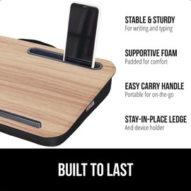 GORILLA GRIP Laptop Lap Desk with Phone Holder, Pillow Cushion Desks Fit Laptops up to 15.6", Gifts for Home, Portable Travel Workstation, Tray Ledge Keep Computers in Place, Light Wood Color