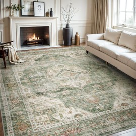 AMOAMI-Area Rug 8X10 Rugs for Living Room-Vintage Soft Green Rugs for Bedroom-Non Slip Carpet-Washable Rug for Dining Room Living Room Bedroom Office Under Table