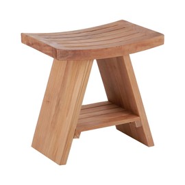 Nordic Style Natural Teak Shower Stool and Bench with Curved Seat and Shelf