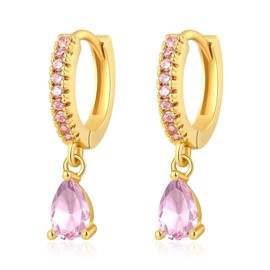 CHARMINGO Birthstone Gold Hoop Earrings for Women Small Huggie Earrings 925 Needles Hypoallergenic Cubic Zirconia Jewelry Dainty Dangle Drop Earrings for Christmas Wedding Party Daily Wear, Pink