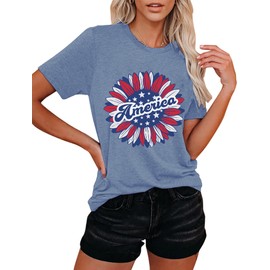 Women Summer Sunflower T Shirt 4th of July American Flag Patriotic Shirt USA Stars Stripes Print Tops, Ink Blue XL