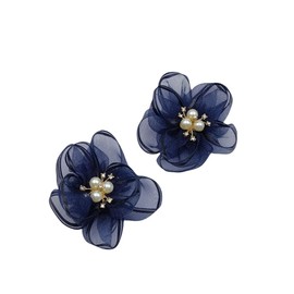 LOVEF 2 Pcs Pearl Flowers Shoe Clips Exquisite Rhinestone Shoes Charms Lace Floral Shoe Accessory for Wedding Pointed Toe Pumps (Navy)