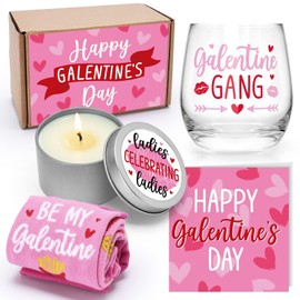 Galentines Day Gifts Valentines Day Gifts for Her Wine Glass Socks Rose Scented Candles 12 oz Greeting Card Ladies Celebrating Ladies BFF Present Birthday Idea for Women Friends Female Girls Sister