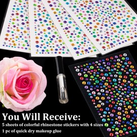 1625 Pcs of Rhinestone Stickers 3/4/5/6mm Colorful Self Adhesive Face Gems, Stick on Body Crystal Jewels with Quick Dry Makeup Glue for Face Eye Hair Nails Make up and Craft DIY Decorations