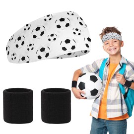 Boys Headband for Kids, Sweat Soft Breathable Football Pattern Sport Headband Lightweight Elastic Headband for Football Basketball Tennis, with 2 pcs Black Wrist Straps