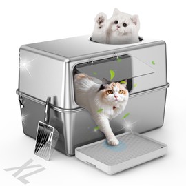 Aothey Stainless Steel Litter Box with Lid, Enclosed Metal with High Sides, Large Cat Litter Box, Dog-Proof, Odor Control, Easy to Clean,Durable with Round Edge (Offset Opening)