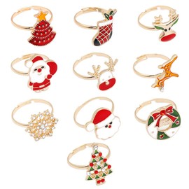 NUOBESTY Pack of 10 Christmas Rings Enamel Santa Tree Stocking Reindeer Snowflake Wreath Ring for Goody Bag Filler Gifts Holiday Party Favour Supplies Random Style, agarwood, Alloy