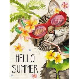 EIBEILI Cat Diamond Art Kits for Adults,5D Summer Diamond Painting Kits for Beginners,DIY Round Full Drill Painting with Gem Art Craft Kits for Home Wall Decor 12x16inch