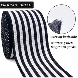 Leecogo Burlap Ribbon Wired,2 1/2”x10 Yard,Black White Stripe Rustic Ribbon for Easter, Christmas, Wreath, Spring, Summer, Wedding, Baby Shower, Birthday