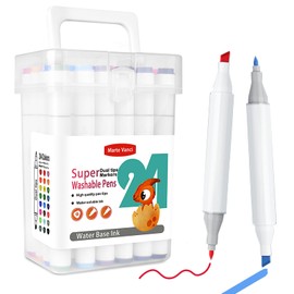 Marte Vanci 24 Coloured Marker Sets Dual Tip Colouring Pens Super Washable Water-Based Marker with Fine Chisel Tip Art Marker with Carry Box for Kids Drawing Sketching Journal Manga Illustrations