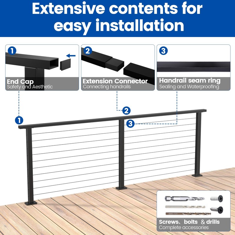 Muzata 4FT Black Cable Railing Handrail Rectangular Stainless Steel Handrail