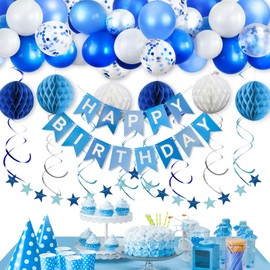 Hierein Blue Birthday Decoration, Happy Birthday Balloons Party Decorations Supplies with Birthday Banners, Honeycomb Balls, Star Garland, Hanging Swirls for Boys Men Birthday Party Decor