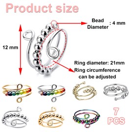 Exbrith Pack of 7 Stress Ring, Adjustable Anxiety Ring, Gold, Silver, Colourful, Open Anxiety Ring with Beads, Anxiety Spinning with Beads, Anti-Stress and Anti-Anxiety, Stainless Steel