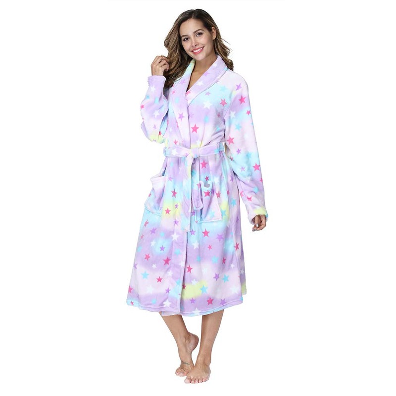 RONGTAI Womens Bathrobe Ladies Fleece Plush Warm Long Robes （X-Large,Star）