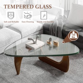 Mid-Century Modern Coffee Table - Triangle Glass Top Natural Wood Base Triangle Coffee Table for Living Room Patio Office Abstract End Tables (Walnut/Brown, Large 45 * 32.3 * 15.7)