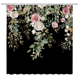 GCTNBJL Leaves Floral Shower Curtain Green Leaves Pink Flower Boho Botanical Tropical Leaf Bohemia Plant Nature Black Bathroom Home Curtain with Hooks,70x70 Inch